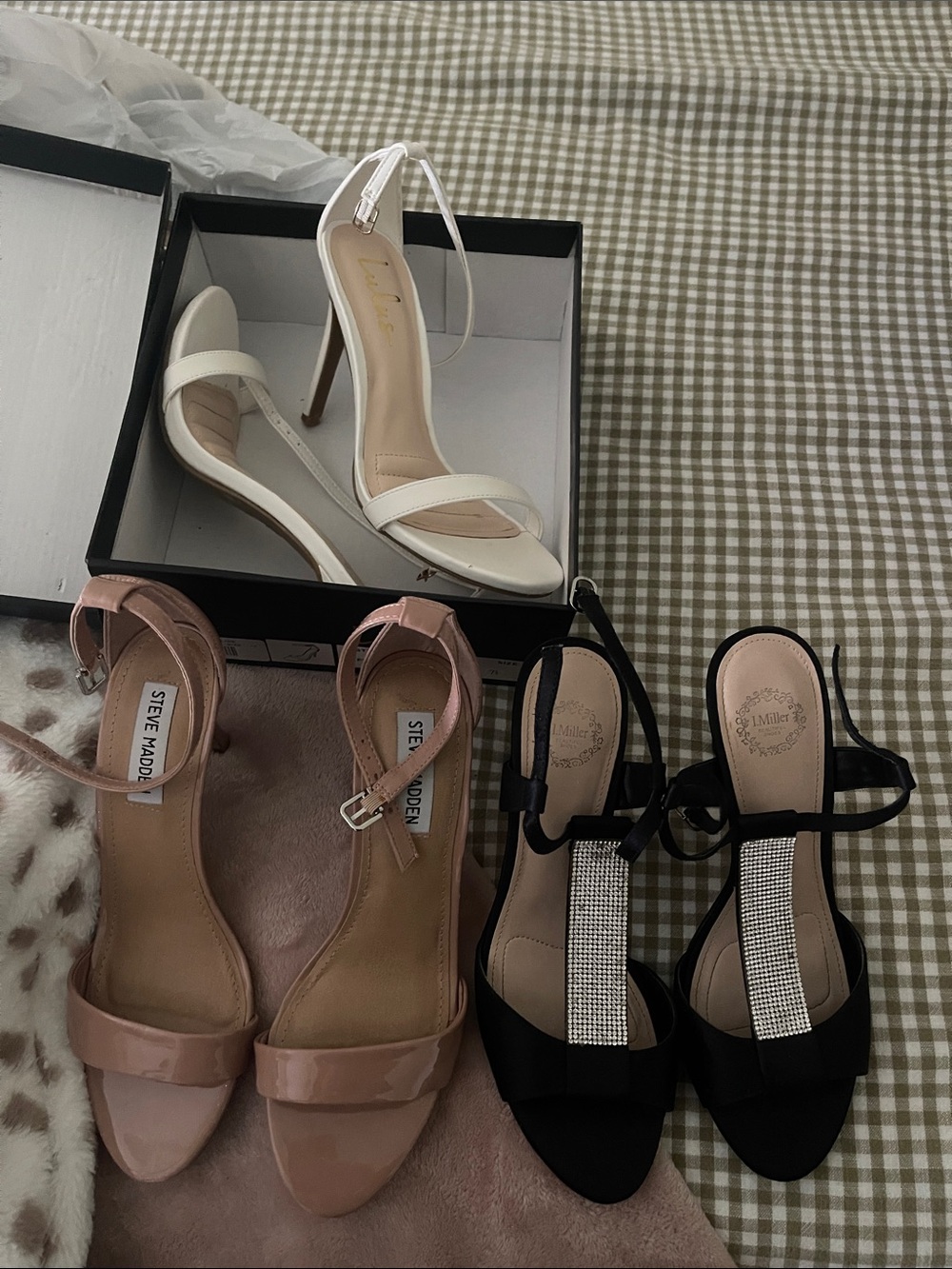 Madden, Lulu, Miller Trio: White, Nude (Blush) & Black Ankle-Strap Heels